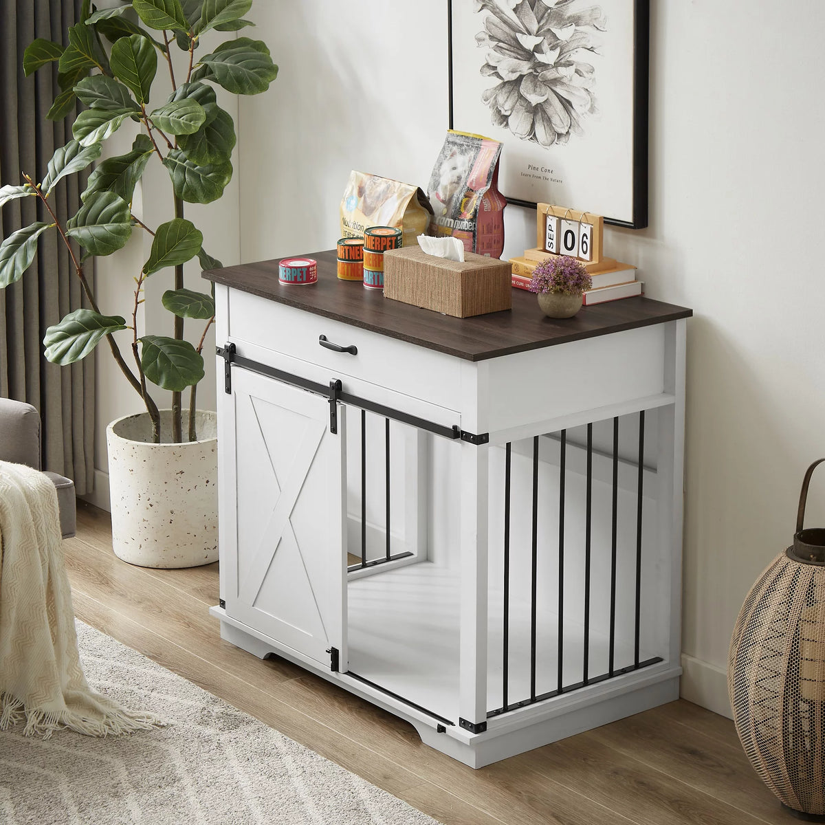 White Wooden Dog Crate with Sliding Barn Door X90263