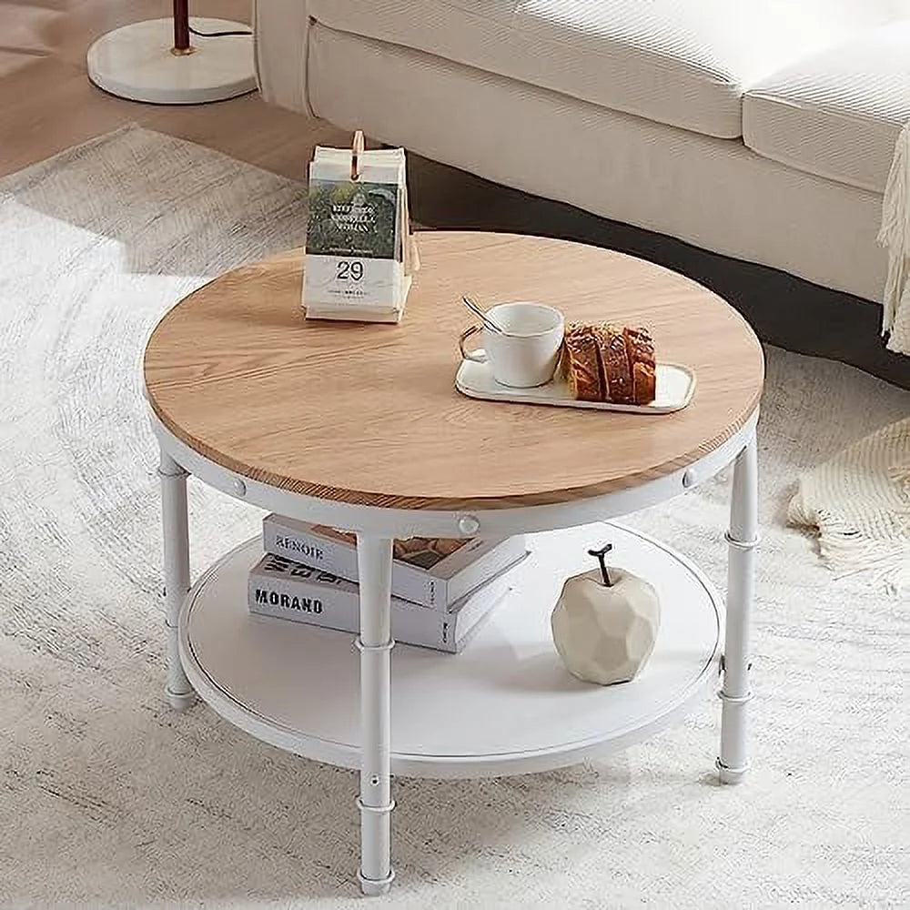 31.5" Natural White Round 2-Tier Wood Coffee Table P58322