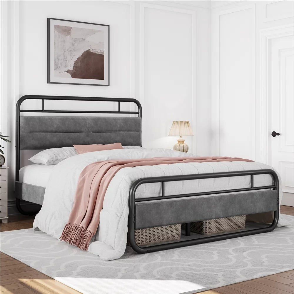 Queen Size Metal Platform Bed with Velvet Upholstered Headboard Y92669