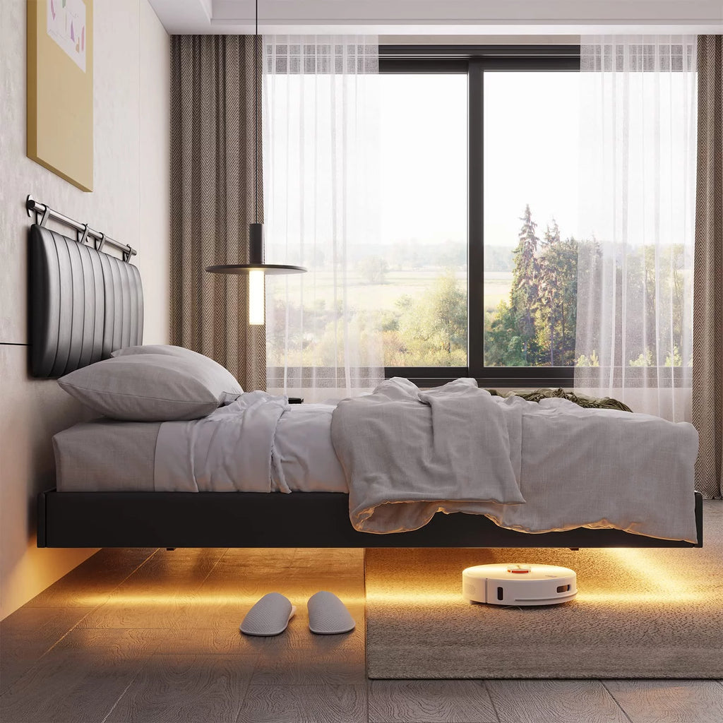 Queen Floating Bed Frame with LED Lights and Wall Mounted Headboard B54815