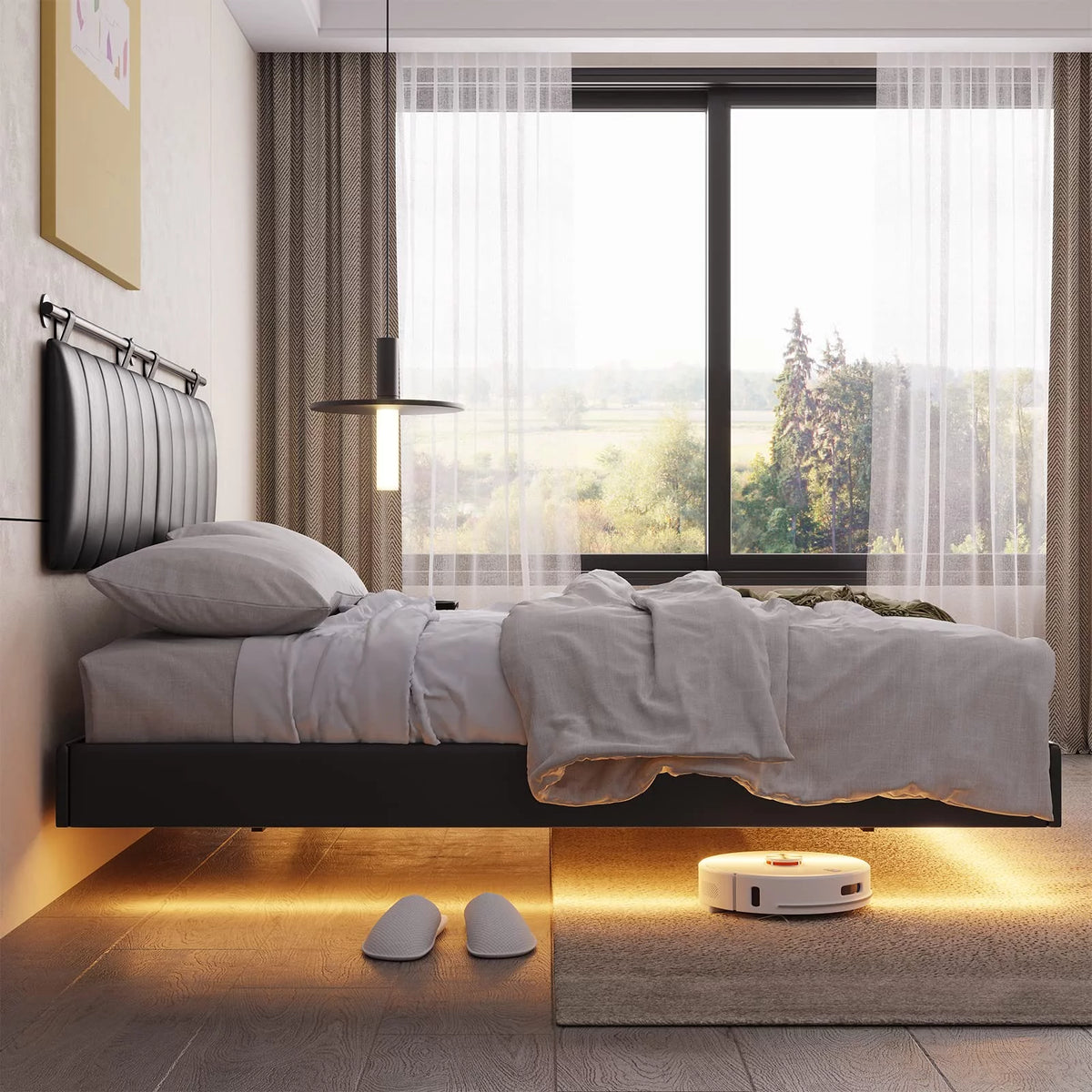 Queen Floating Bed Frame with LED Lights and Wall Mounted Headboard B54815